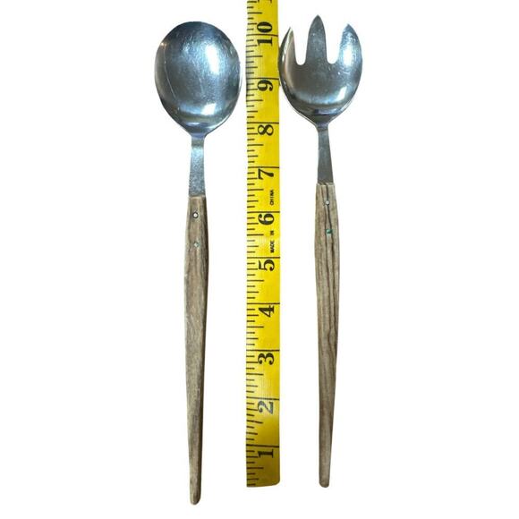 Vintage 60"s Stainless Steel Wooden Handles Salad Serving Set Made In Japan - Picture 3 of 6